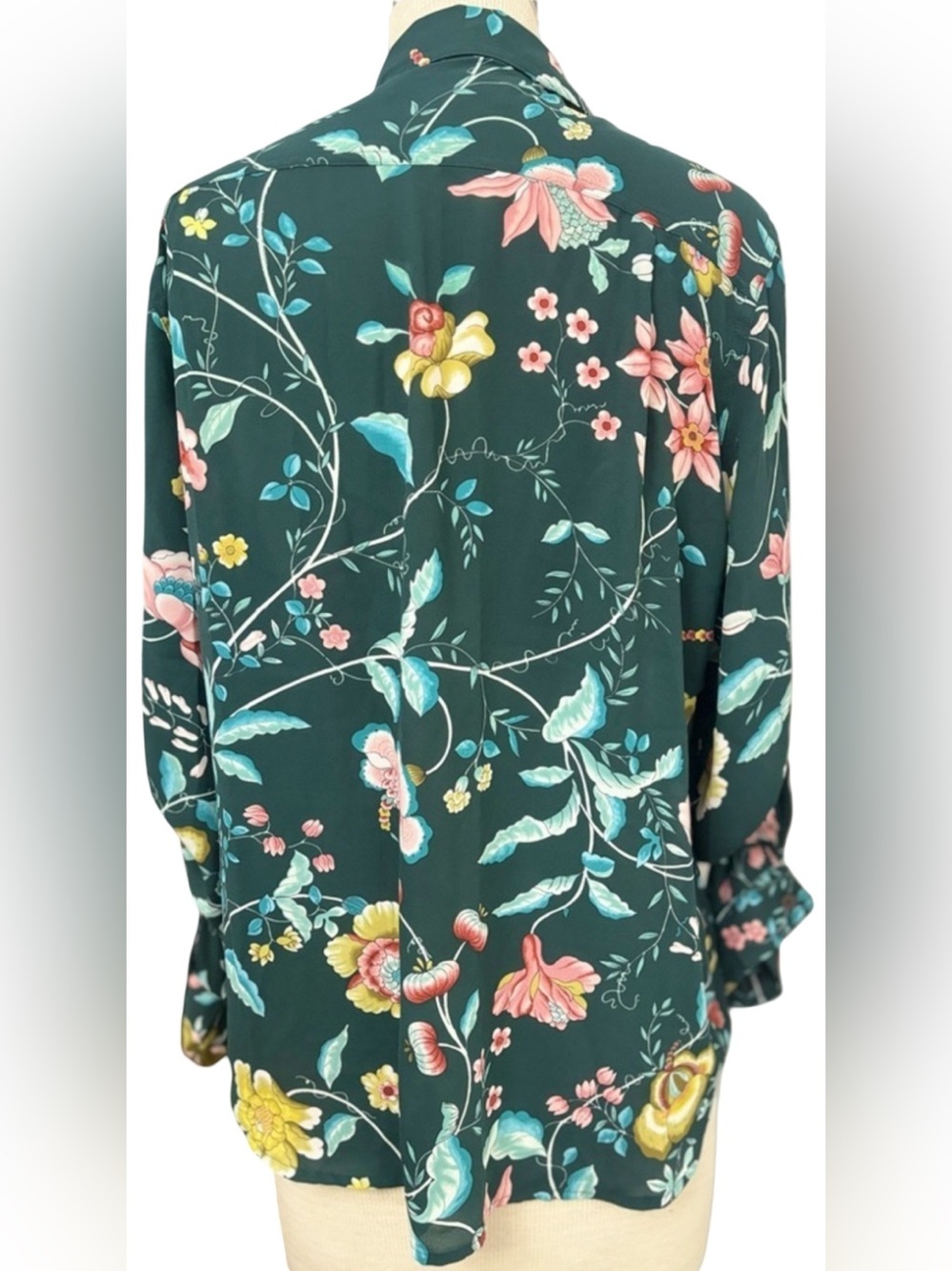 LOFT Dark Green Floral Button-Up Blouse Women’s Medium Long Sleeve Pocket Top - Picture 2 of 3